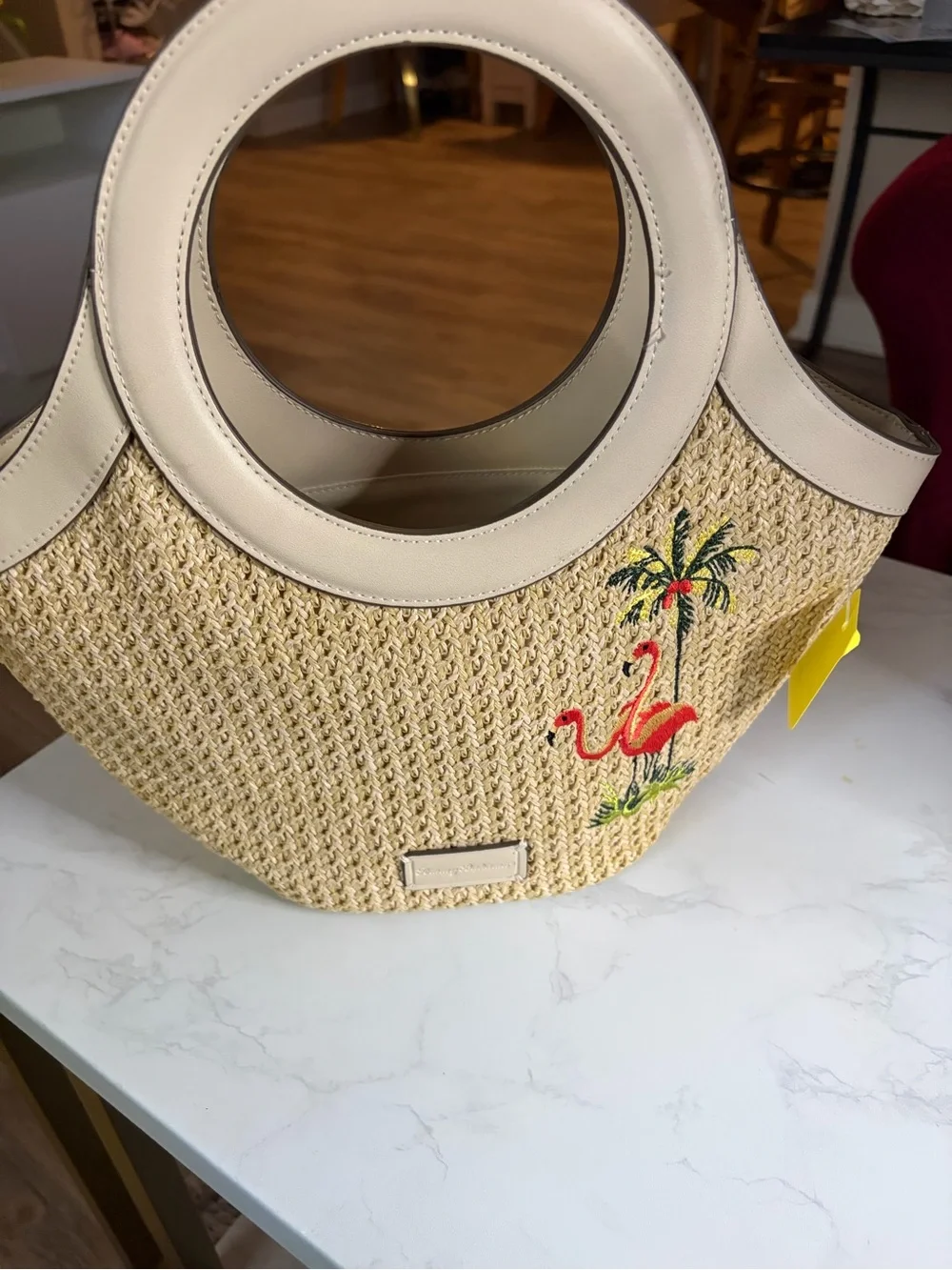 Tommy Bahama Neutral Straw Tote with Pink Flamingo Embroidery